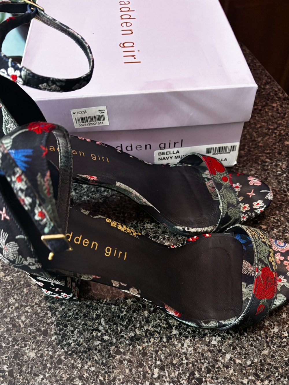 Madden Girl Black Floral Embroidered Ankle-Strap Heels with Red Accents